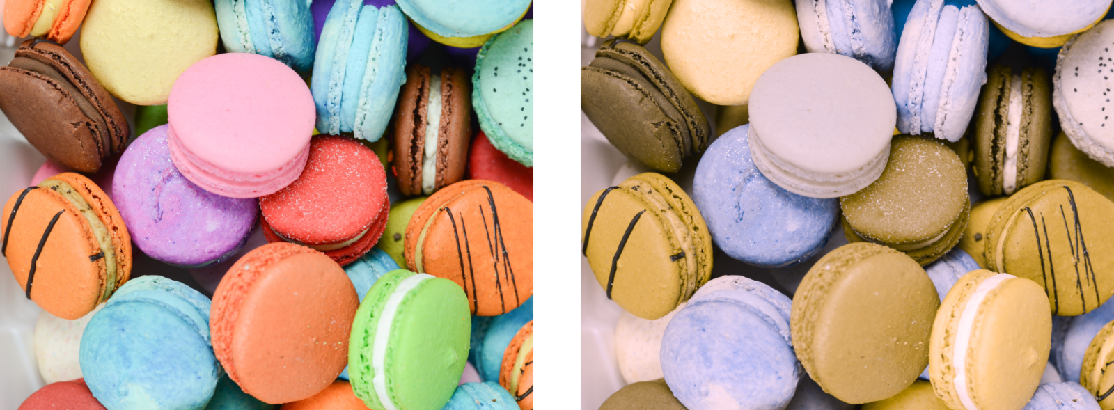 2 images with colourful macarons. The left has normal colours. The right image simulates colourblindness